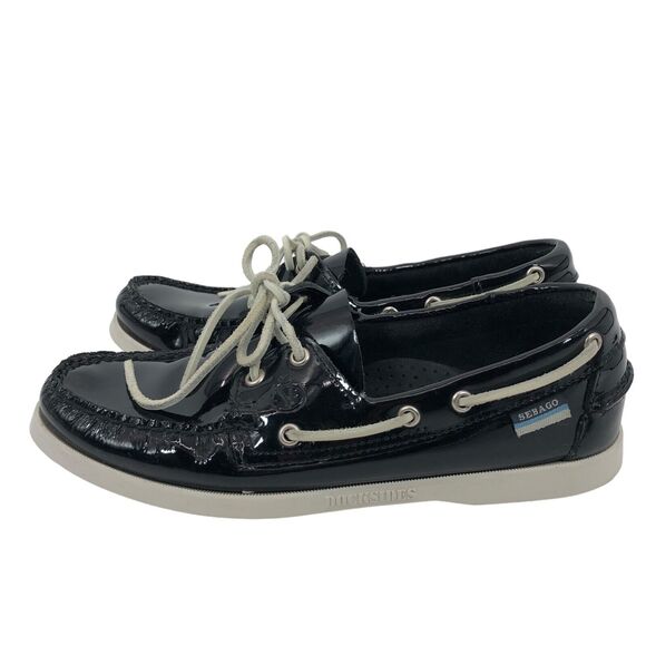 Sebago Docksides Boat Shoes Mens 9 More Like 8.5 Black Patent Leather Moccasin - Picture 3 of 9